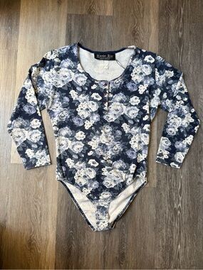 Vintage 90s Navy Floral Long-Sleeve Bodysuit Made in USA Medium